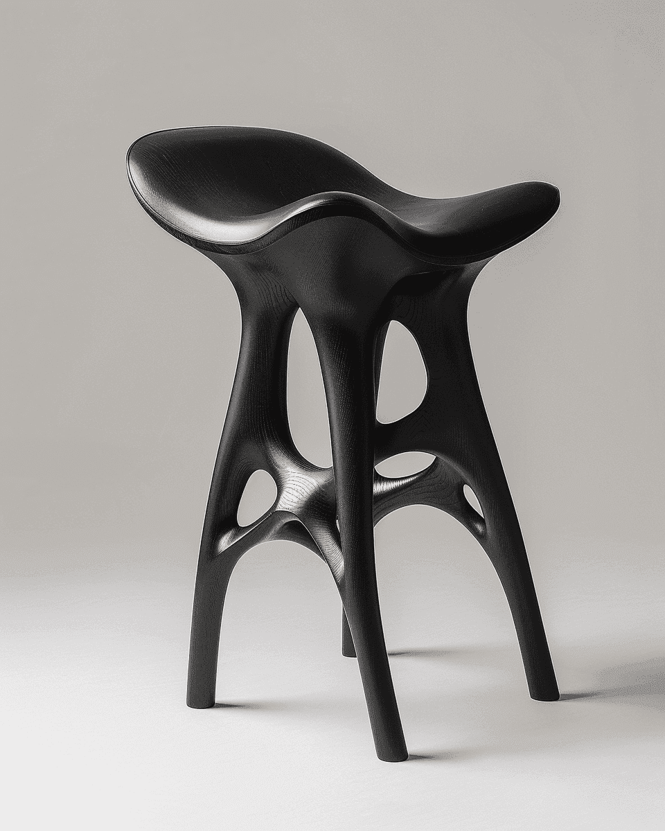 A sculptural black stool with organic, branching legs