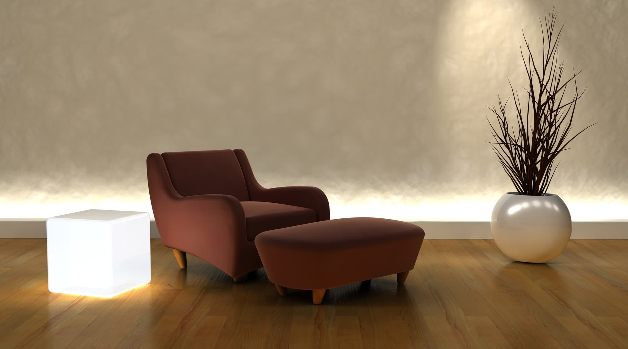A rust velvet armchair and ottoman in a softly lit room